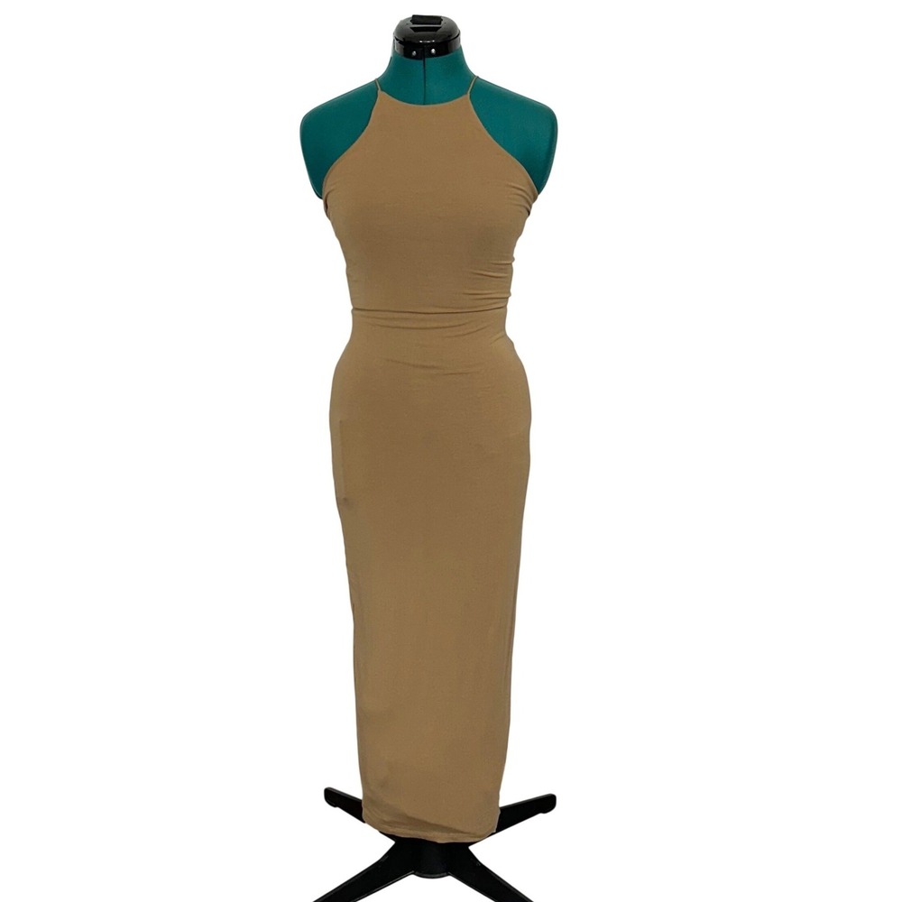 Good American Pecan Brown Halter Maxi Dress GDK0081 Size 1 S‎ Bodycon Jersey